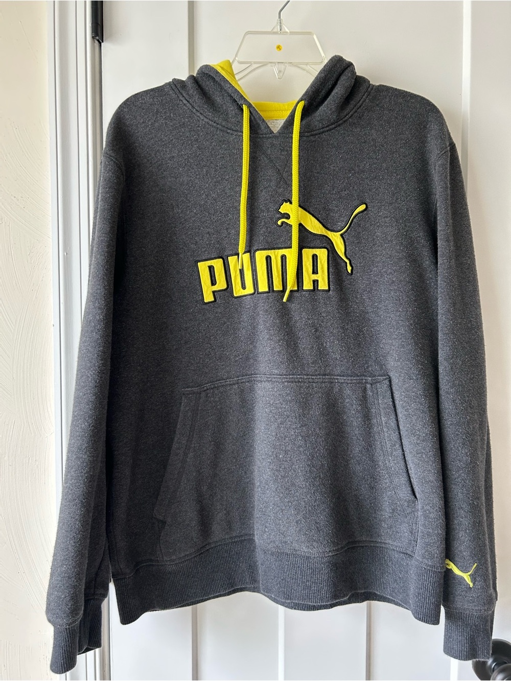 Puma Men’s Charcoal Hoodie with Yellow Logo and Drawstrings